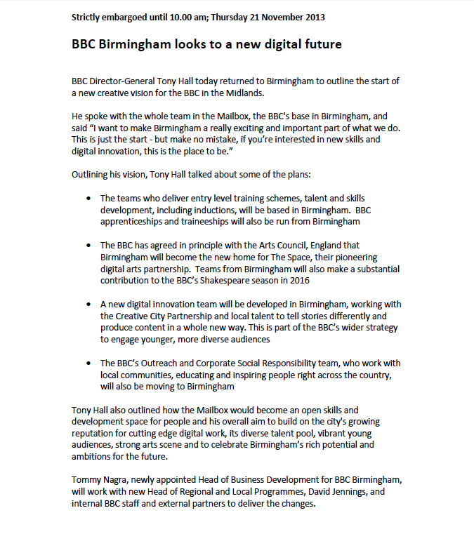BBC Birmingham Press Release