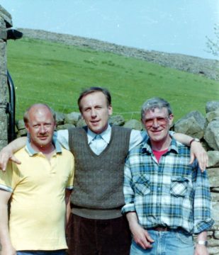 Kevin Lakin, Christopher Timothy and Terry Ford, on location in the Yorkshire Dales, for All Creatures Great and Small. No reproduction without permission.